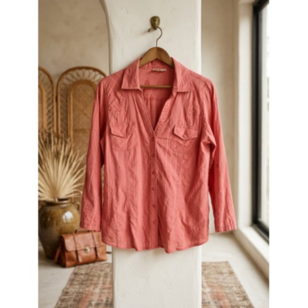 Love Potion Women XL Pink Striped Cotton Boho Collared Long Sleeve Blouse Top